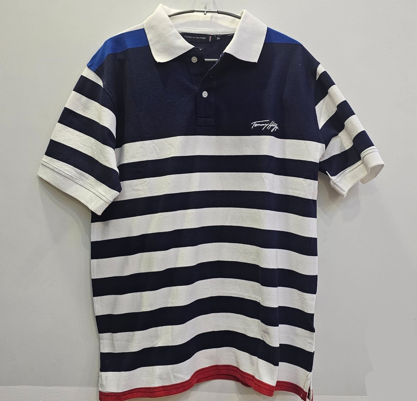 TOMMY HILFIGER Men’s Navy & White Striped Polo T-Shirt