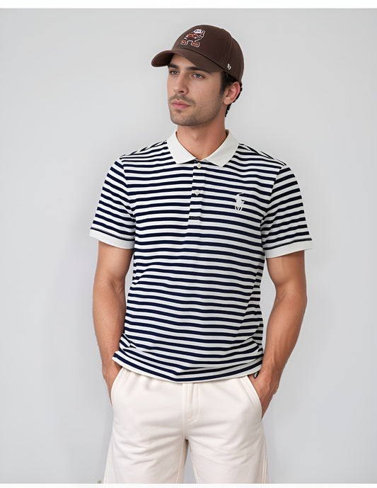 Men’s Striped US Polo T-Shirt with White Collar - Navy Blue & White