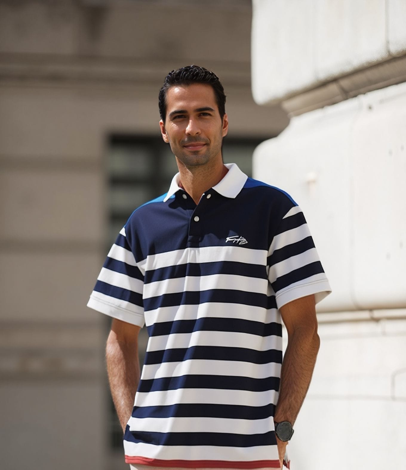 TOMMY HILFIGER Men’s Navy & White Striped Polo T-Shirt