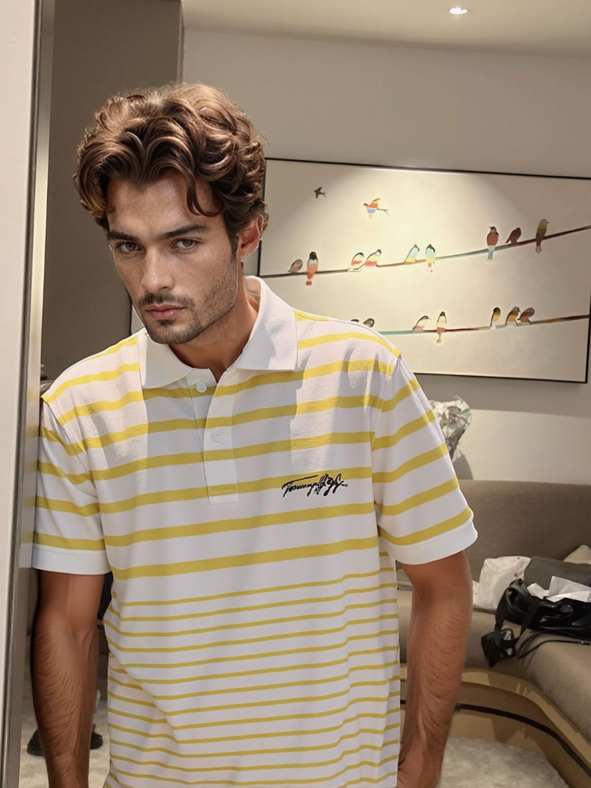 TOMMY HILFIGER Men’s White & Yellow Striped Polo T-Shirt
