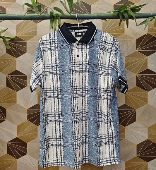 Men's Blue & White Checkered Polo T-Shirt – Stylish Comfort for Every Day