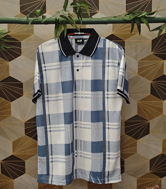 Men’s Blue & White Checked Polo T-Shirt