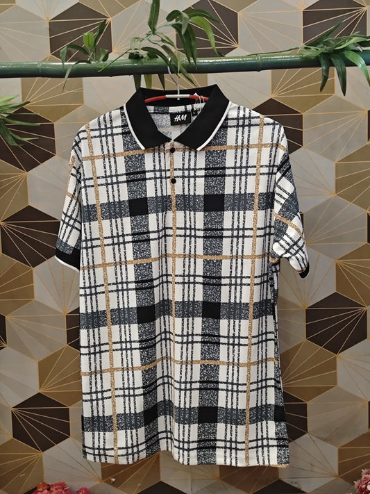 Men’s Modern Check Polo T-Shirt – Black, White & Mustard